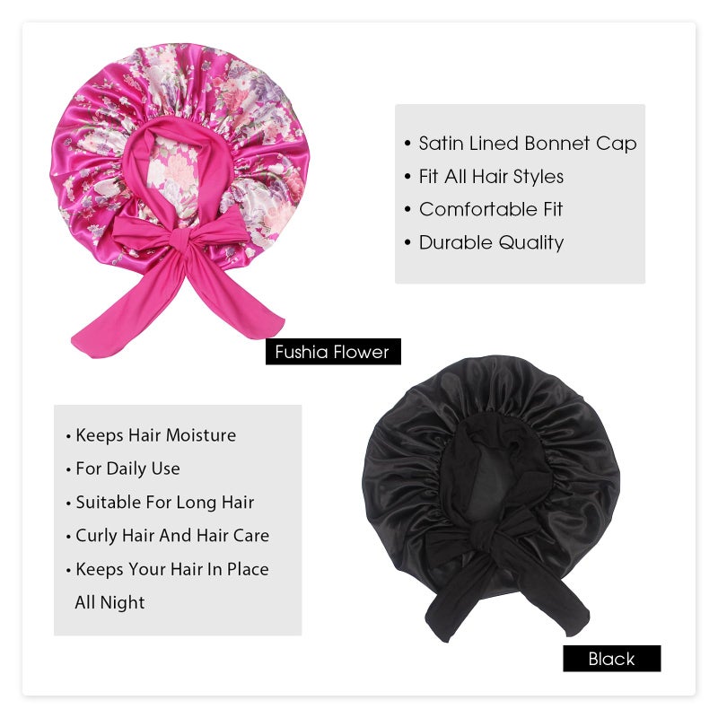 Hanbertti 2 Pack Silk Satin Hair Bonnet with Stretch Tie Band for Curly Hair Sleeping Adult Women Girls (Black + Fushia Flower) - Image 4